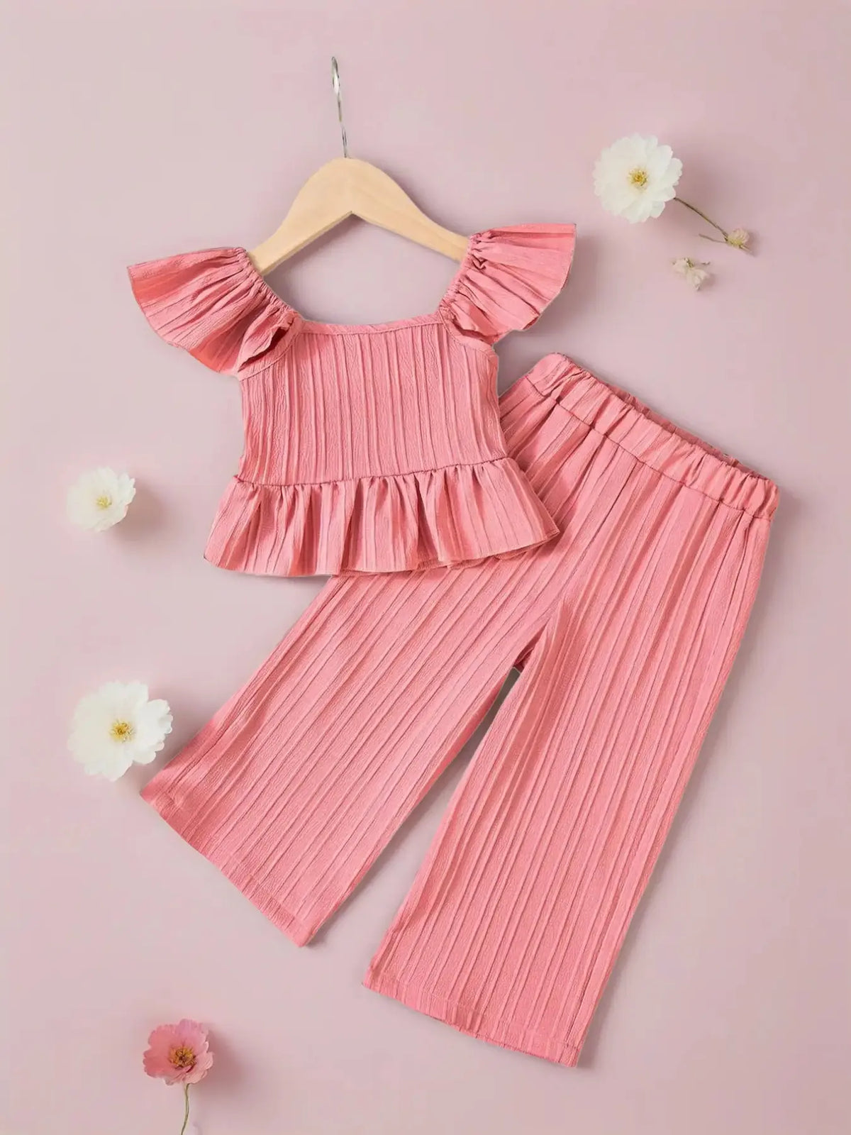 Girls' Summer Solid Color Two-Piece Set, Summer Clothes Set, Sleeveless Babydoll Top + Butterfly Knots + Casual Wide Leg Pants, Sweet & Versatile, Ages 1-7, Set Outfit