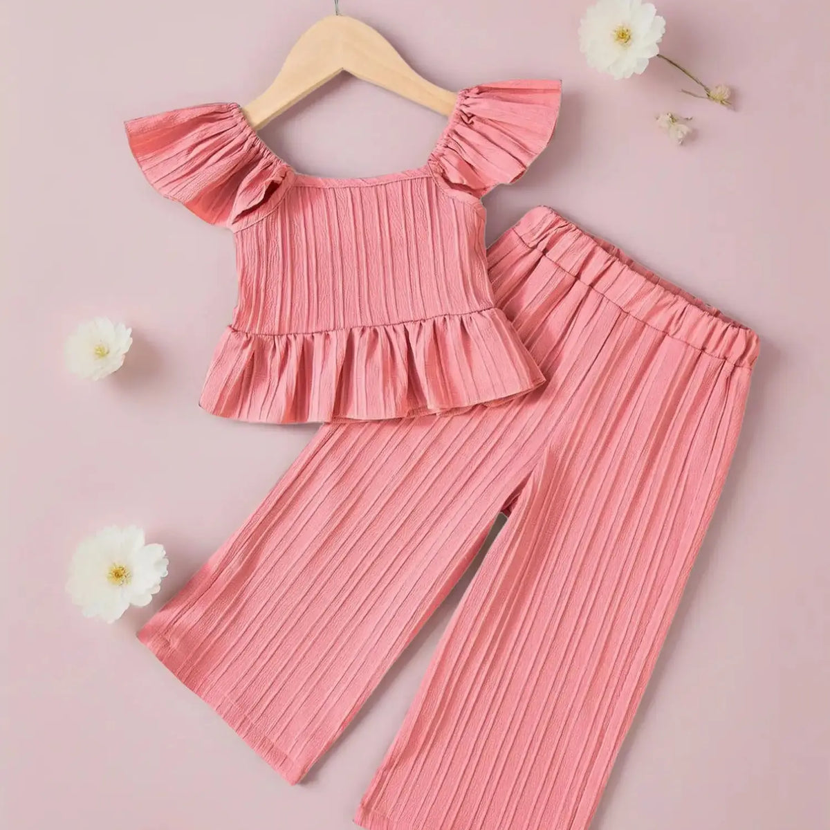 Girls' Summer Solid Color Two-Piece Set, Summer Clothes Set, Sleeveless Babydoll Top + Butterfly Knots + Casual Wide Leg Pants, Sweet & Versatile, Ages 1-7, Set Outfit