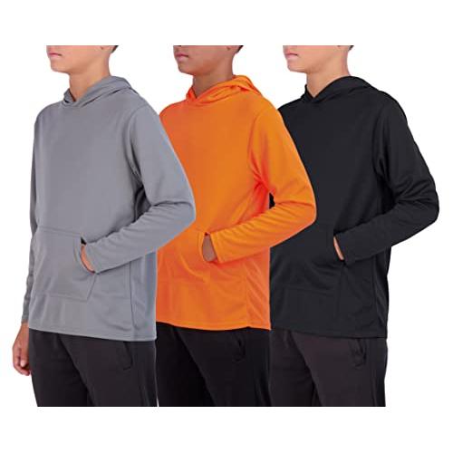 Real Essentials 3 Pack: Youth Mesh Long Sleeve Pullover Hoodie Active Sweatshirt - Kangaroo Pocket - Boys & Girls