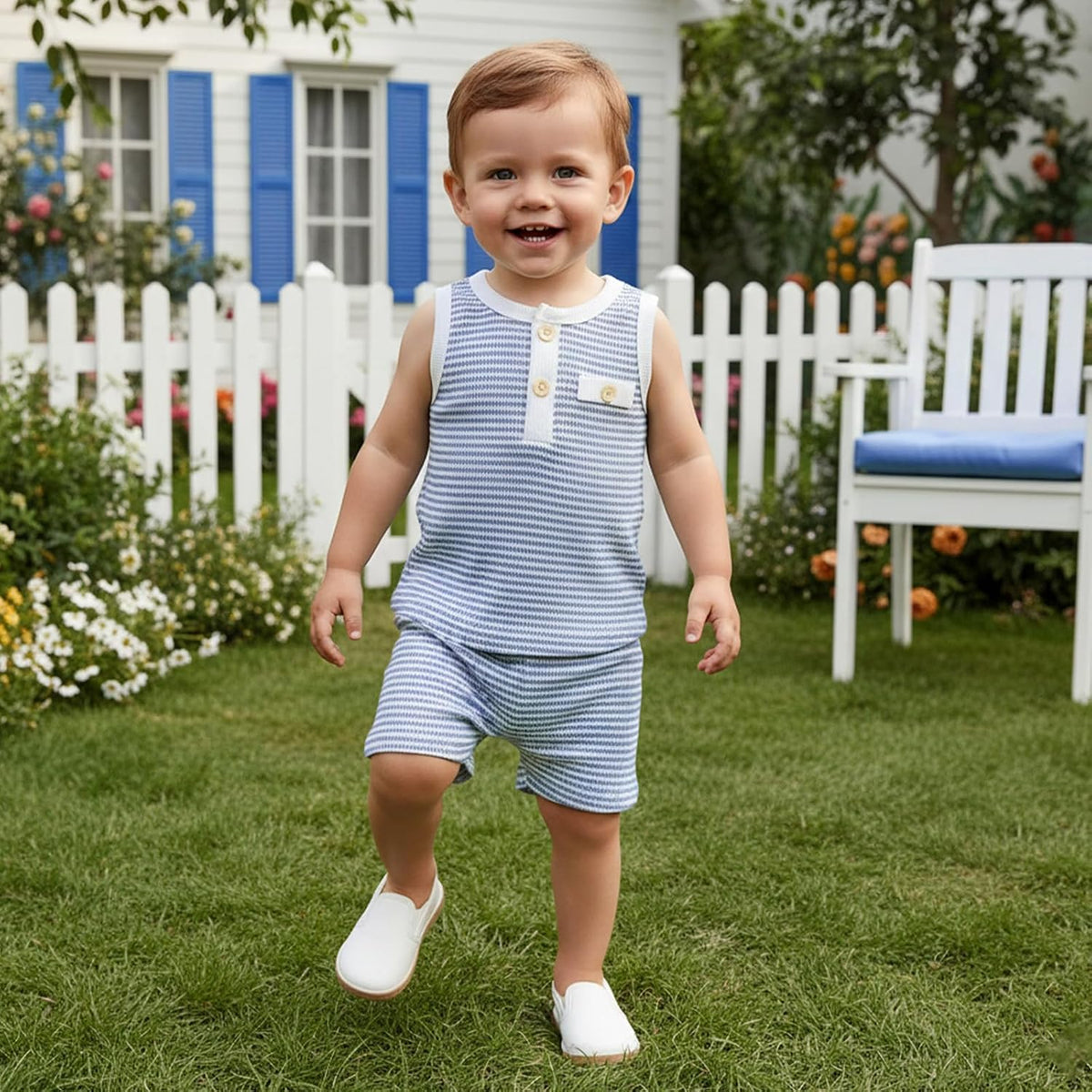 Kupretty Toddler Baby Boy Stripe Waffle Sleeveless Shirt Shorts Set