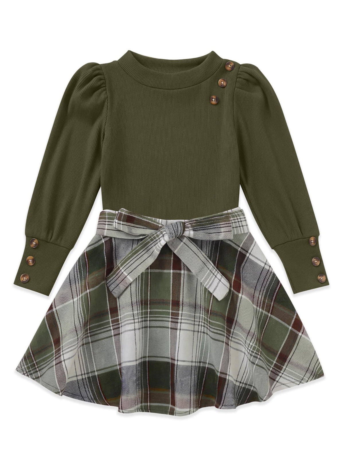 AMAWMW Girls Skirt Sets Fall Outfits Puff Sleeve Crewneck Ribbed Knit Tops and Plaid Skirt Set Kids Fall Winter Clothes