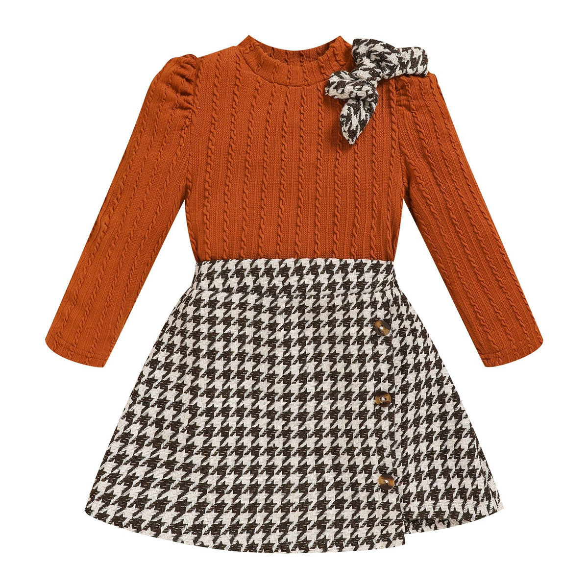 Toddler Girl Plaid Outfits Fall Winter Dress Knit Ribbed Bow Sweatshirt Tops and Button Fashion Skirts Set
