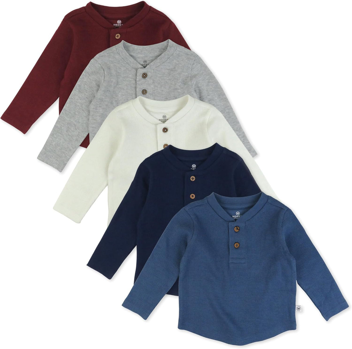 HonestBaby Boys' Baby Toddler & Kid Waffle Henley 100% Organic Long Sleeve Shirts (5-Pack)