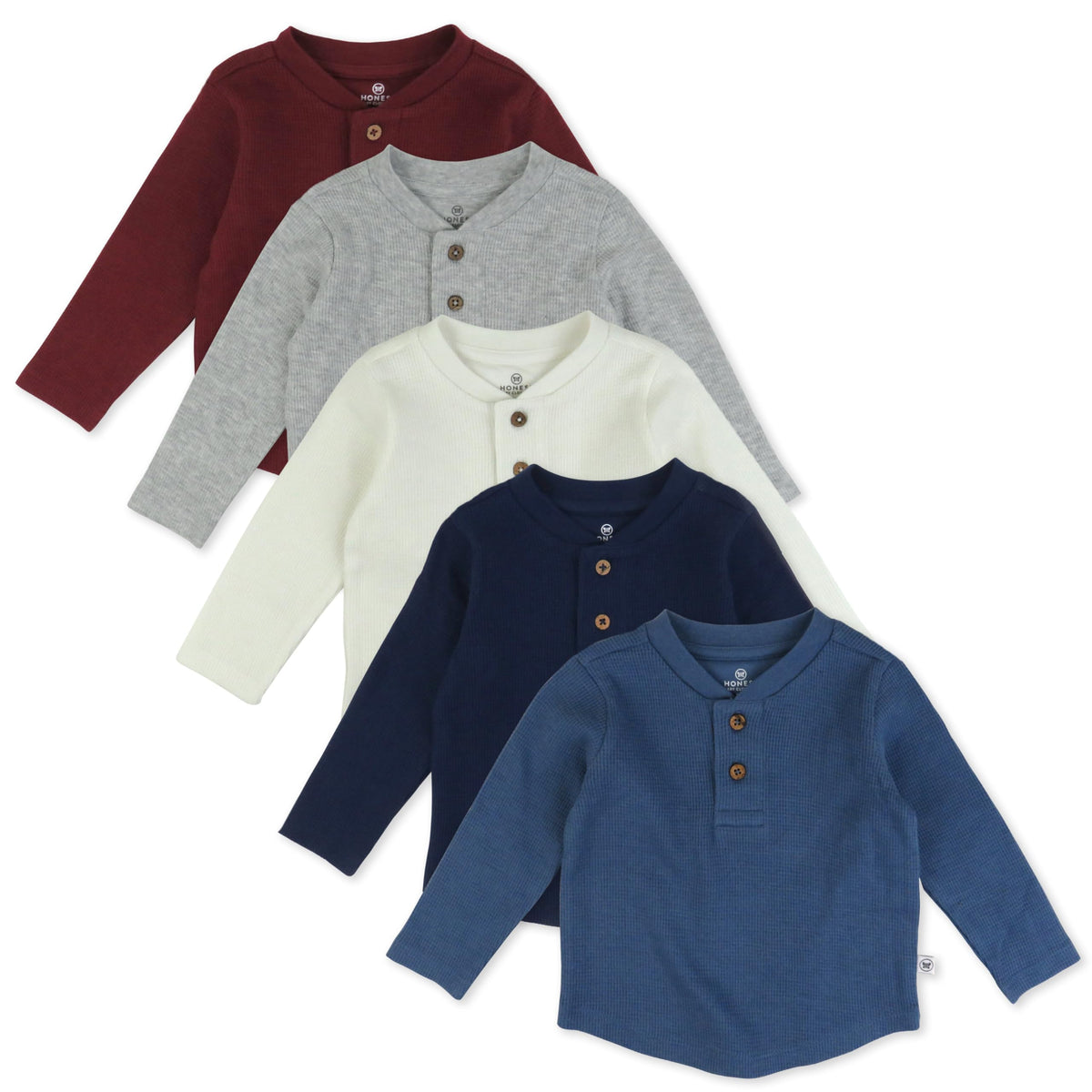 HonestBaby Boys' Baby Toddler & Kid Waffle Henley 100% Organic Long Sleeve Shirts (5-Pack)