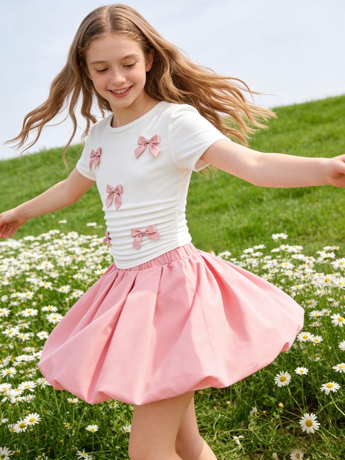 Teenage Girls Puffy Skirt Set with Cute Bowknot Top Teen Summer Skirt Outfit Puffy Skirt for Teen Girls