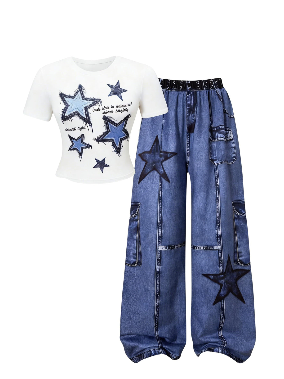 Girls Clothes 2 Piece Smiley Face Print T-Shirt Tops & Cargo Pants Spring Summer Outfits Tween Girls 7-14Y