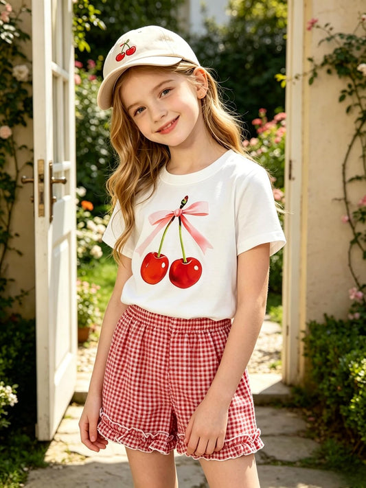 KIDLAGA Girls Shorts Sets 2 Pieces Outfits Bow/Cherry T-Shirt & Plaid Shorts Girls Summer Short Set 6-14Y