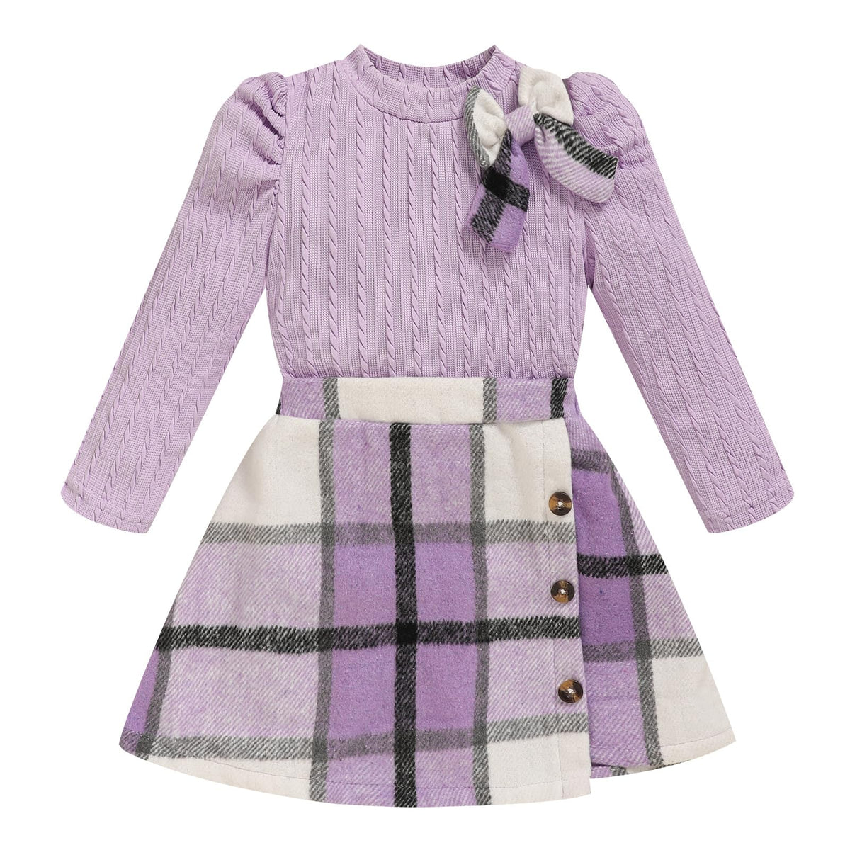 Toddler Girl Plaid Outfits Fall Winter Dress Knit Ribbed Bow Sweatshirt Tops and Button Fashion Skirts Set
