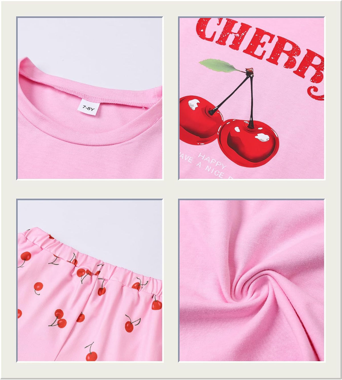 KIDLAGA Girls Two Piece Sets Cherry Pattern Short Sleeve Shirts and Shorts Set With Pockets Girls Summer Outfits Size 7-14