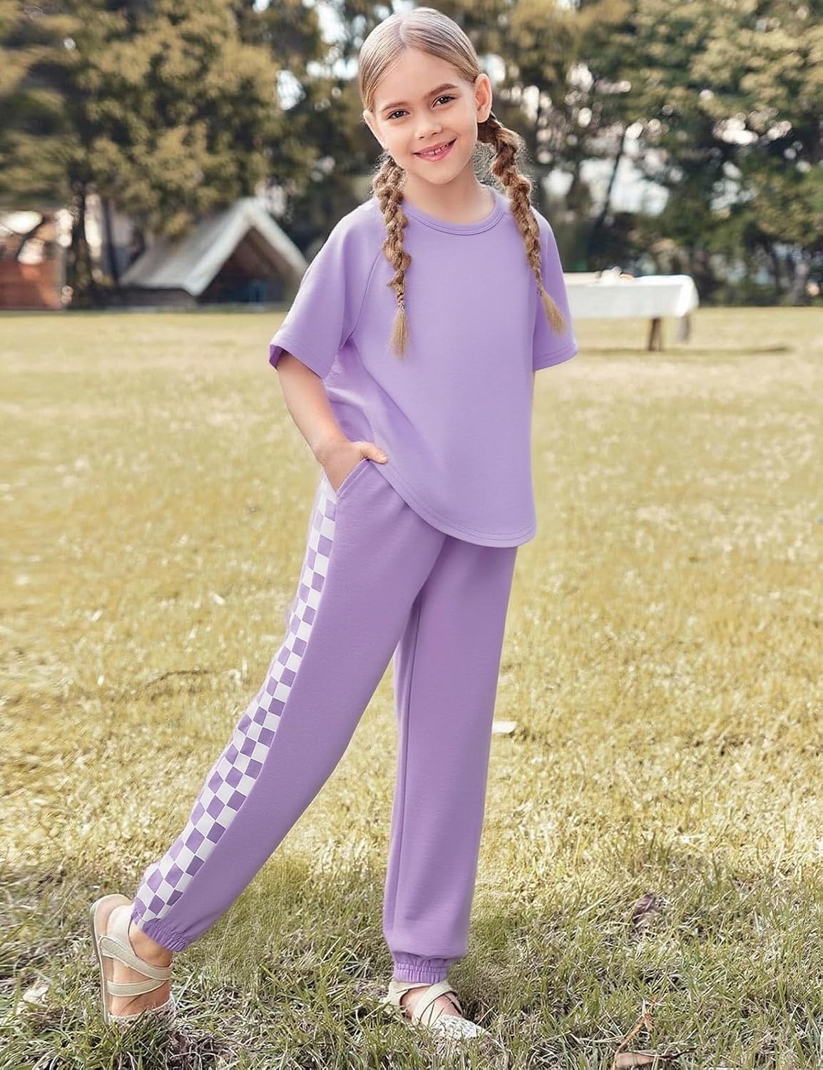 Girls Clothes Outfits Set Checkerboard 2PC Tracksuit Short Sleeve Raglan Tee and Joggers Pants for 4-16Y