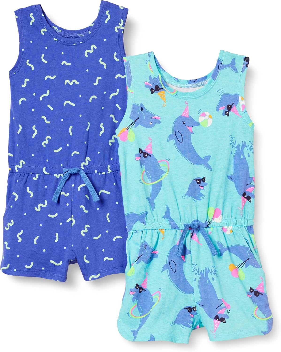 Amazon Essentials Girls and Toddlers' Knit Sleeveless Tank Rompers with Pockets, Pack of 2