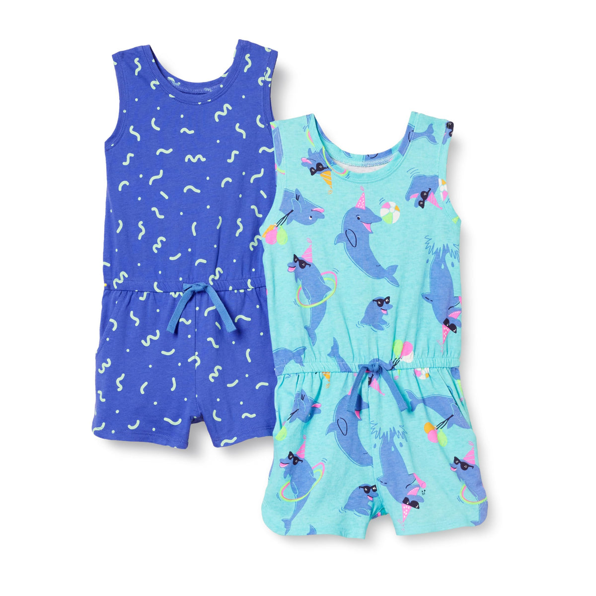 Amazon Essentials Girls and Toddlers' Knit Sleeveless Tank Rompers with Pockets, Pack of 2