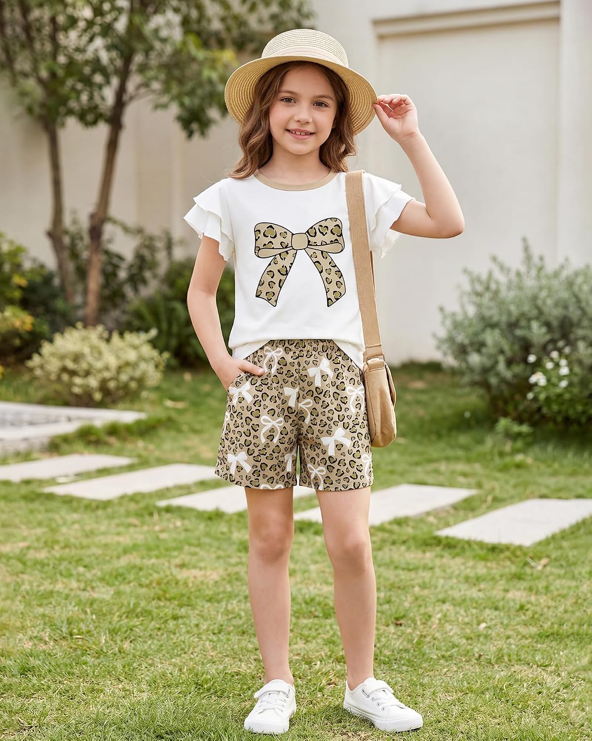 Girls Summer Outfits 2 Piece Clothes Kids Ruffle Short Sleeve T Shirt and Elastic Waist Shorts Sets with Pockets