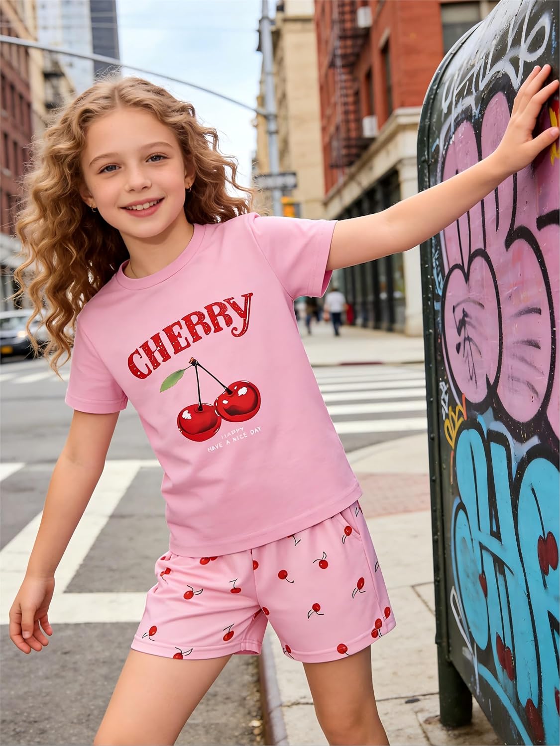 KIDLAGA Girls Two Piece Sets Cherry Pattern Short Sleeve Shirts and Shorts Set With Pockets Girls Summer Outfits Size 7-14
