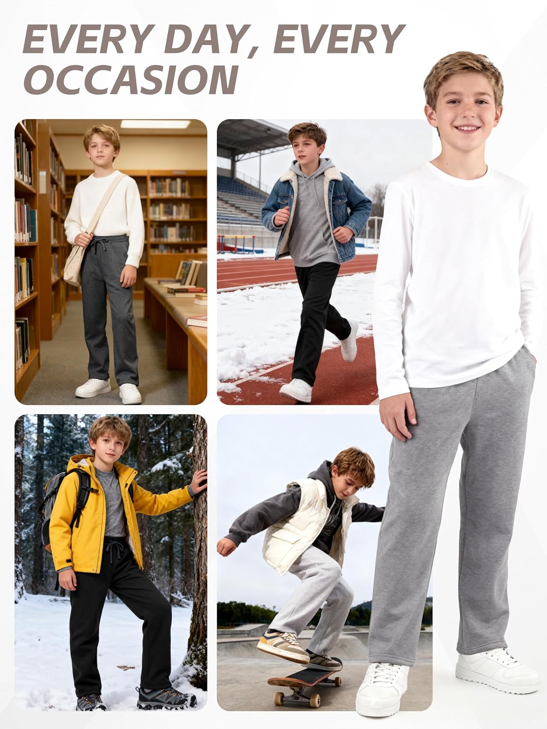 4 Pack Boys Sweatpants Fleece Cotton Boys Joggers Athletic Open Bottom Sweat Pants with Pocket and Drawstring