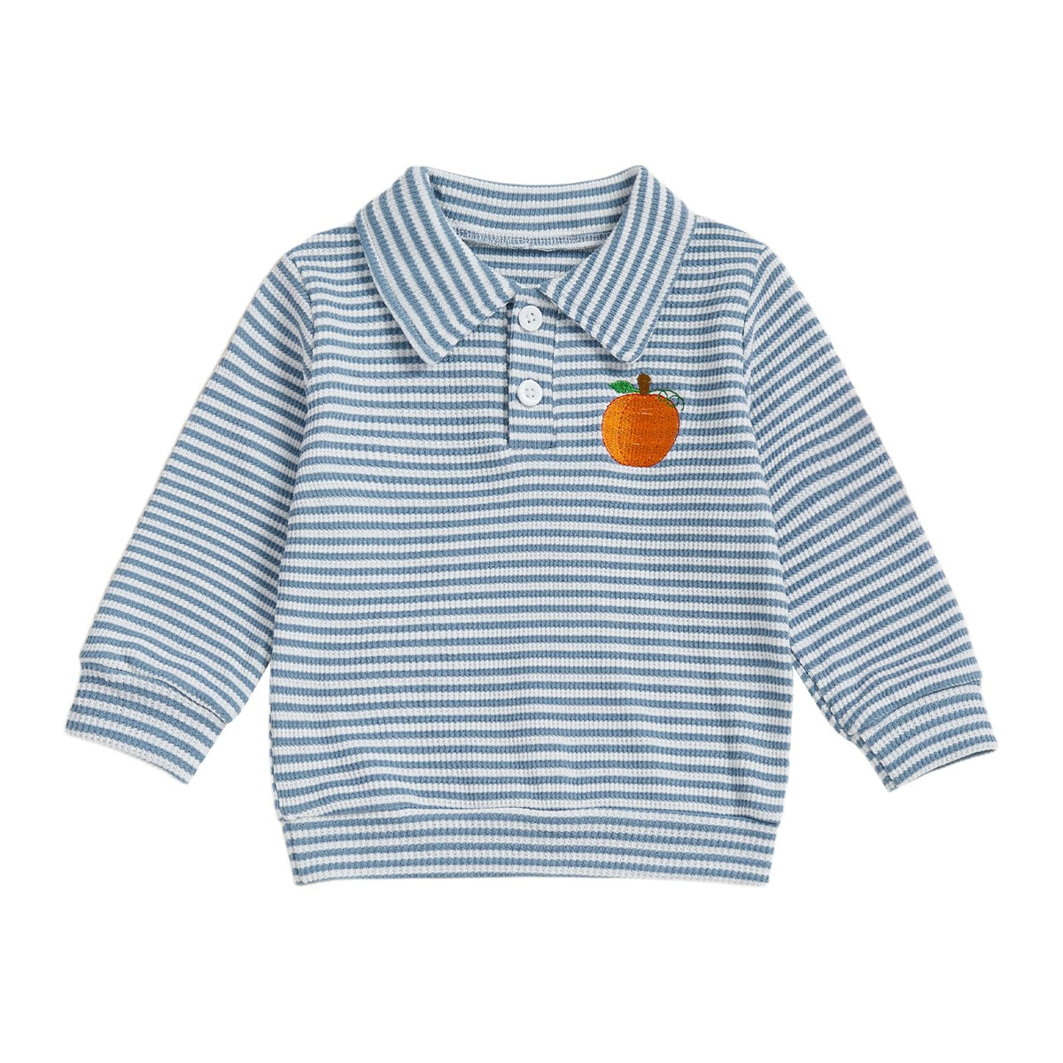 Toddler Baby Boy Halloween Outfit Pumpkin Embroidery Waffle Striped Long Sleeve Polo Shirt Button Up Pullover Top