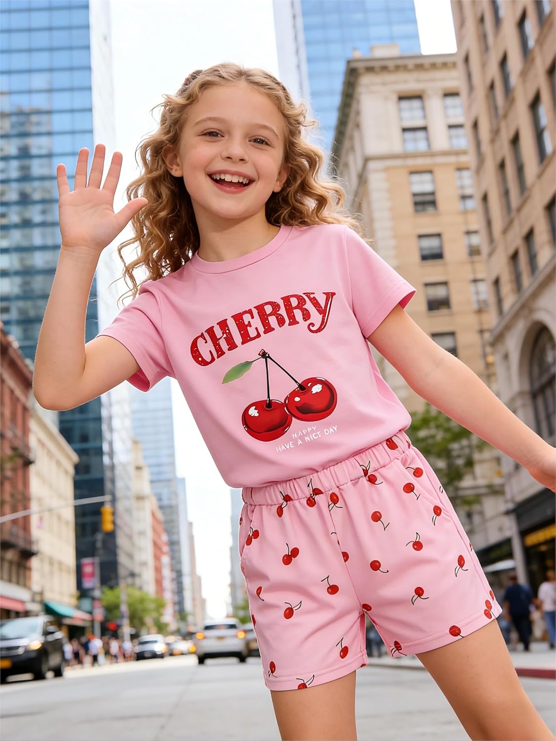 KIDLAGA Girls Two Piece Sets Cherry Pattern Short Sleeve Shirts and Shorts Set With Pockets Girls Summer Outfits Size 7-14