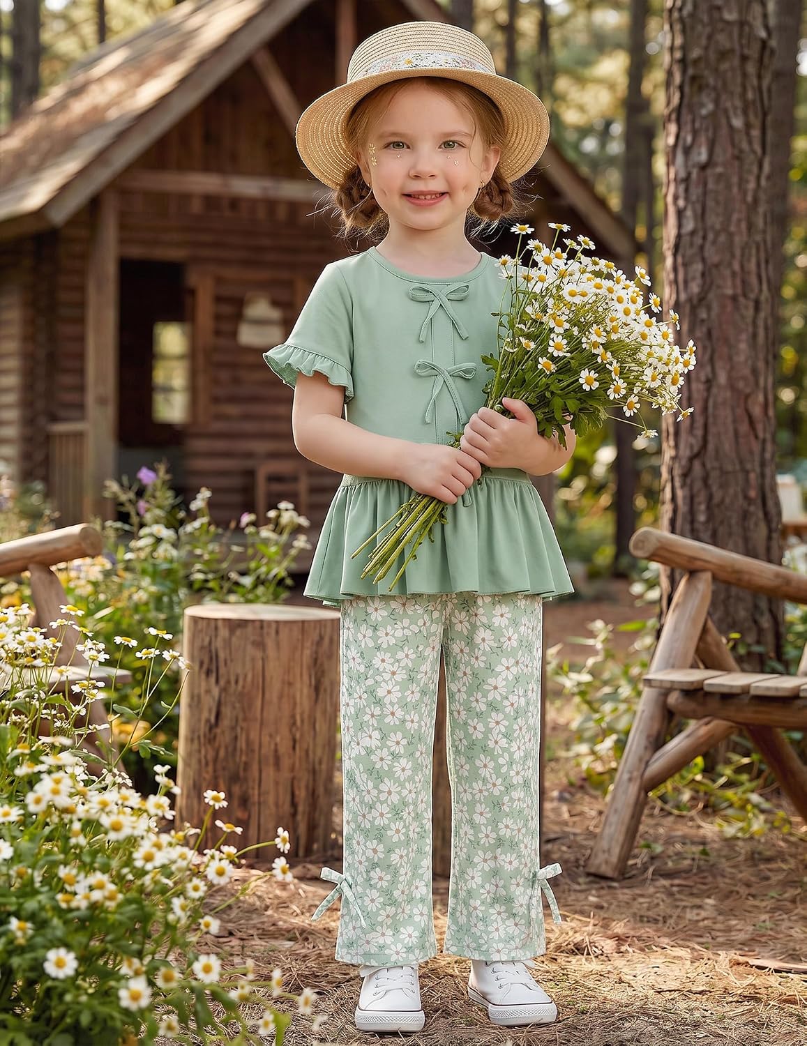 Arshiner Girls Clothes 2 Piece Outfits Butterfly Knot Top and Wide Leg Pant