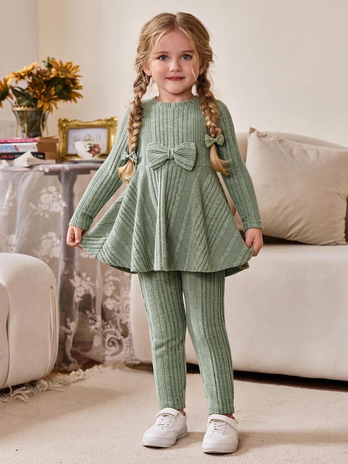 Girls 2 Piece Outfits Ribbed Knit Top and Pant Sets Kids Clothes Dailywear