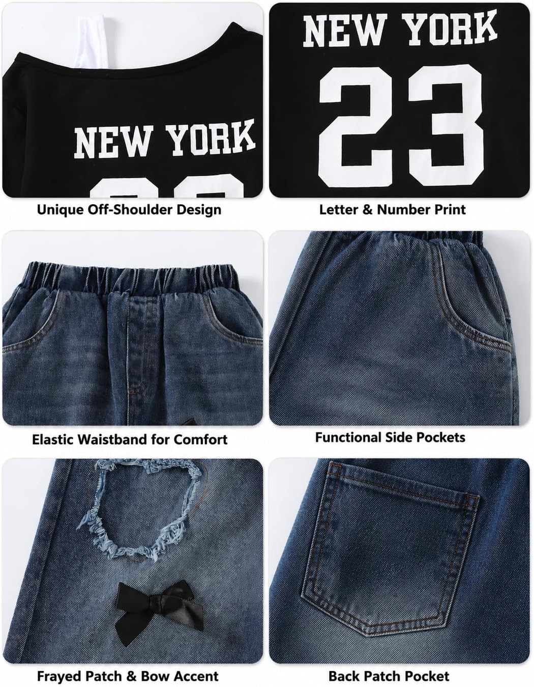 Tween Girl Clothes 2 Pieces Outfit Set Off Shoulder Top + Jeans Denim Fall Winter Spring Clothing, Size 8-16 Years
