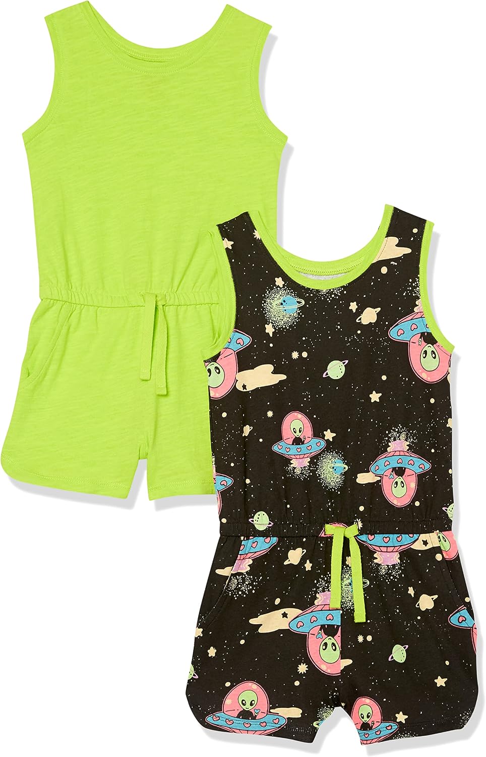 Amazon Essentials Girls and Toddlers' Knit Sleeveless Tank Rompers with Pockets, Pack of 2