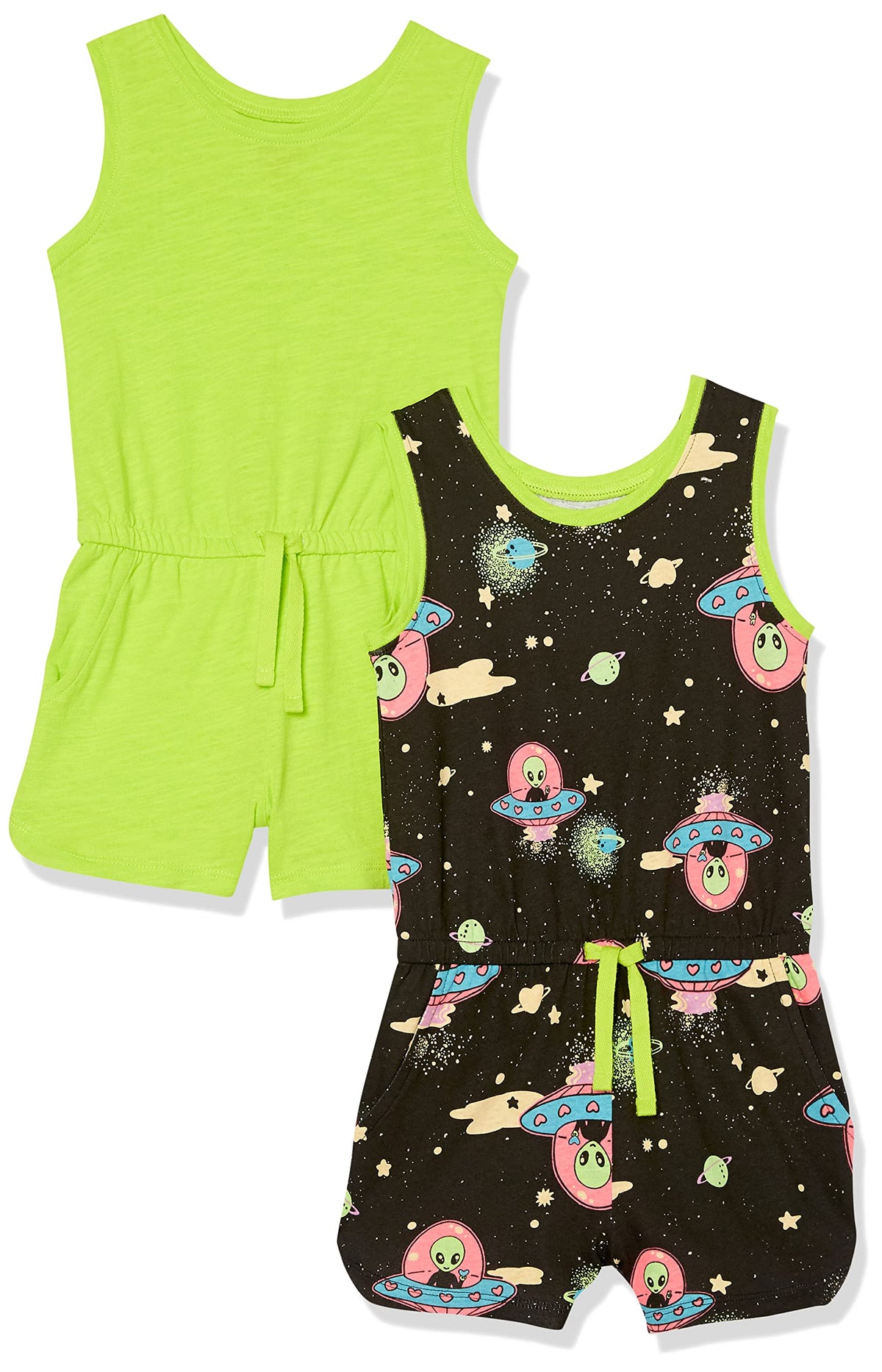 Amazon Essentials Girls and Toddlers' Knit Sleeveless Tank Rompers with Pockets, Pack of 2
