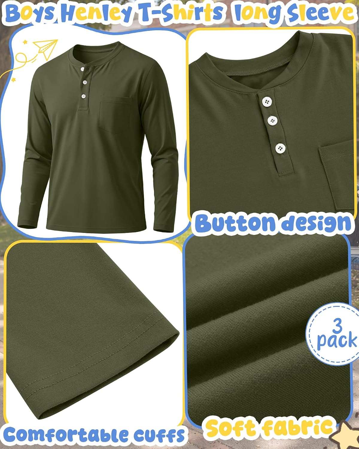 3 Pack Boys' Long Sleeve Shirts Henley Tops