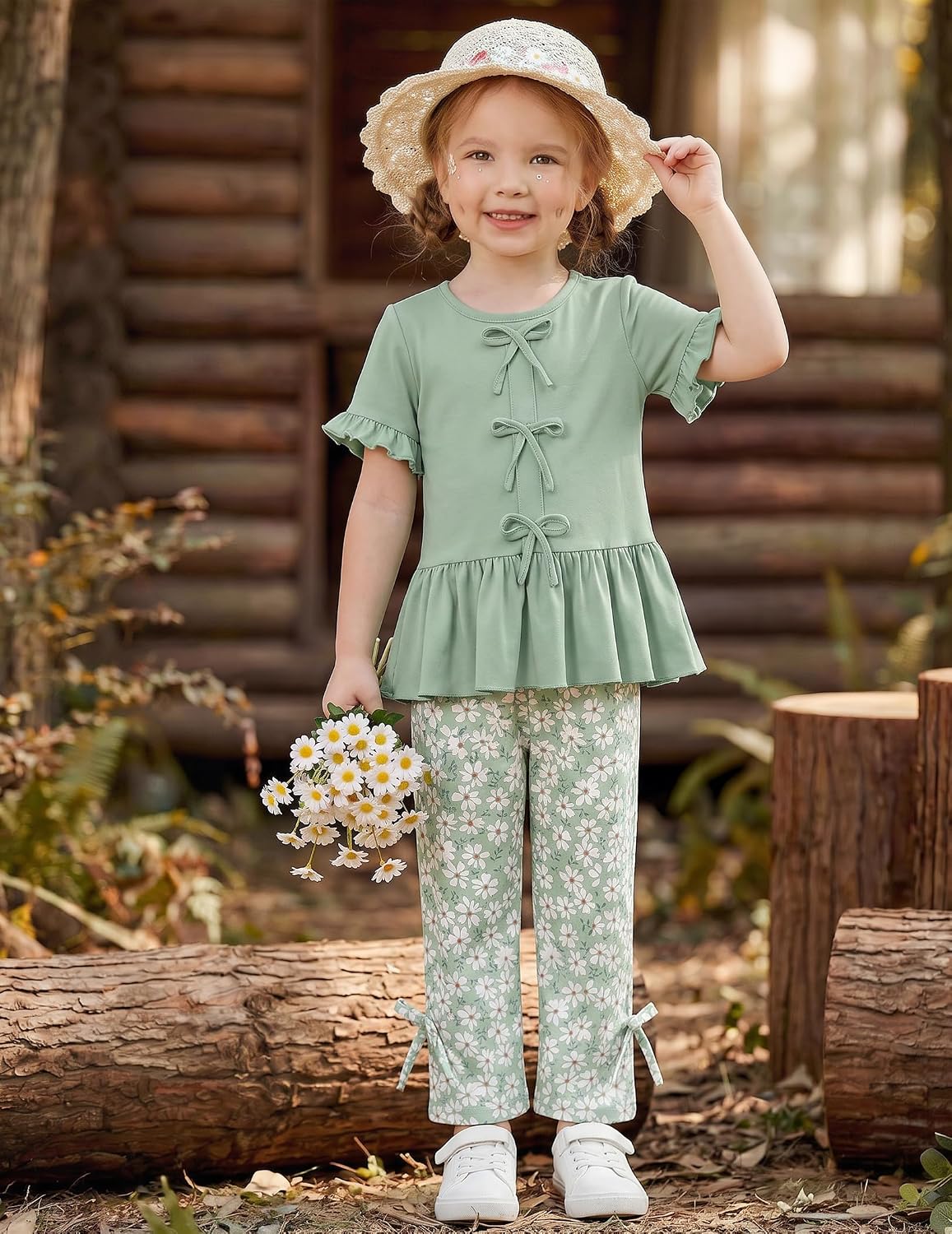 Arshiner Girls Clothes 2 Piece Outfits Butterfly Knot Top and Wide Leg Pant