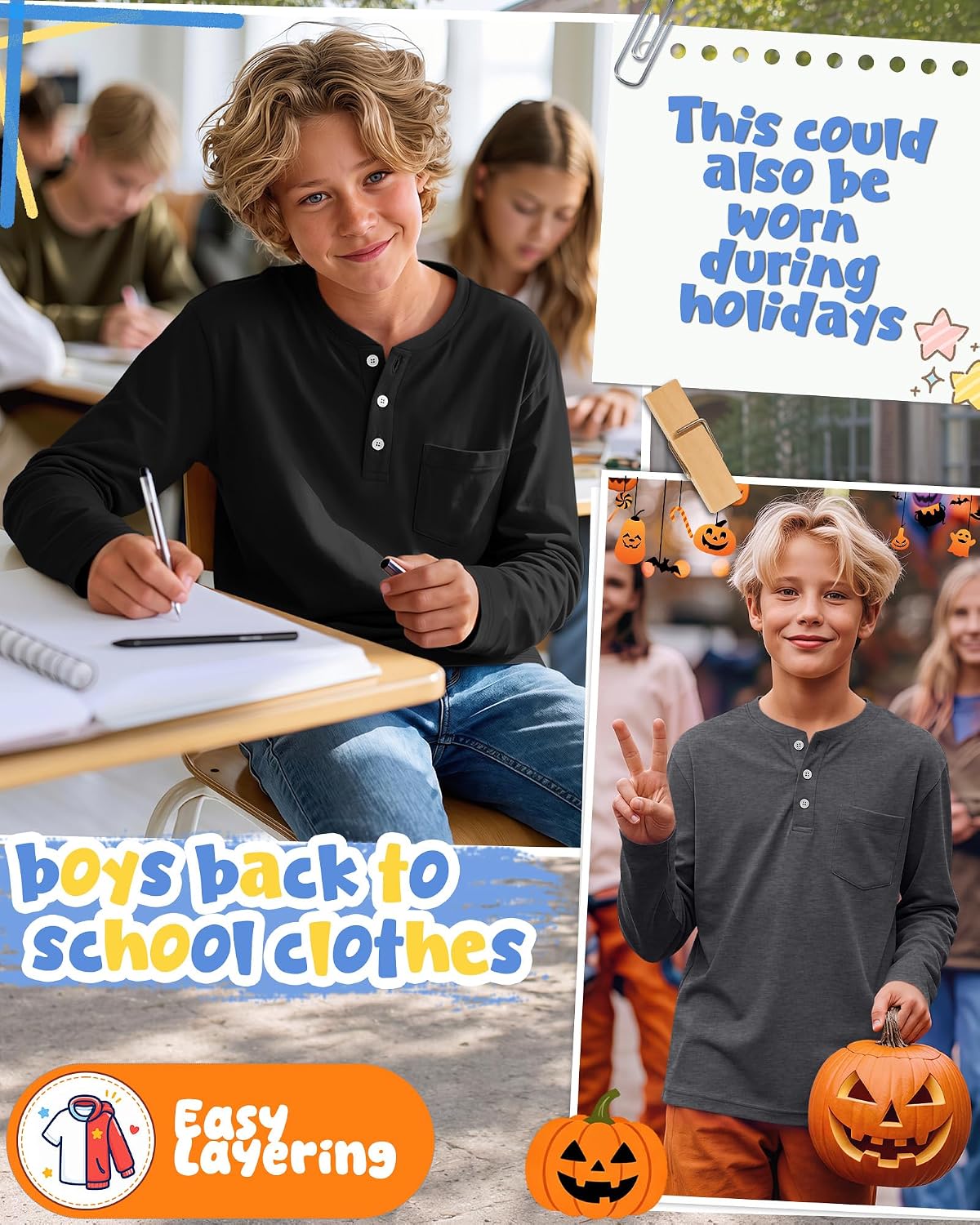 3 Pack Boys' Long Sleeve Shirts Henley Tops