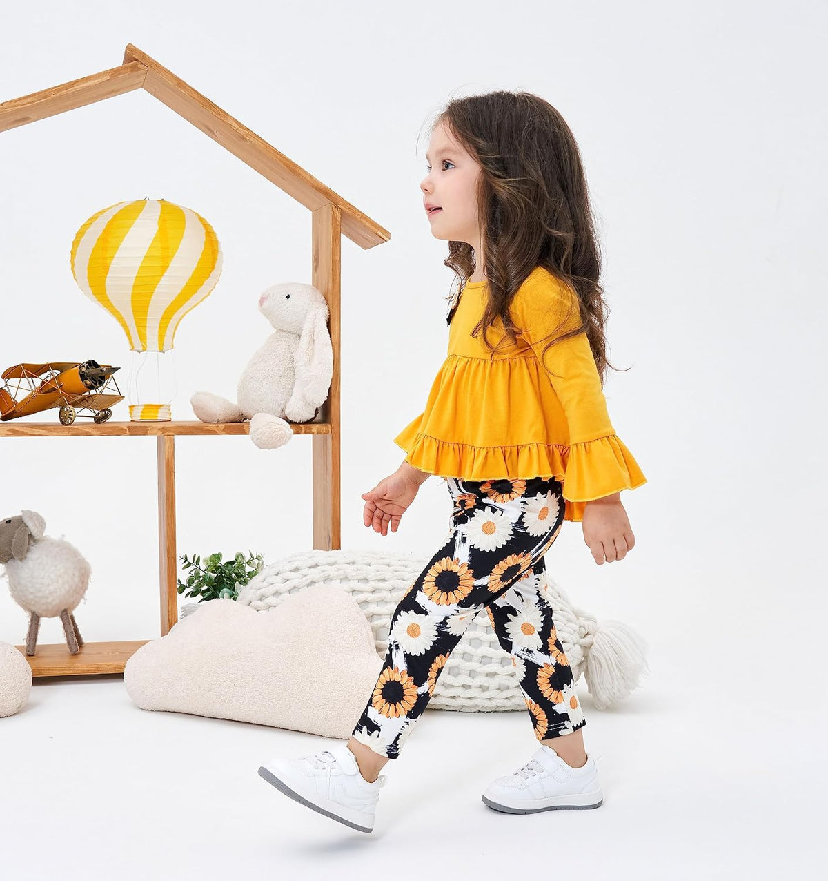 Axumity Kid Girl Clothes Ruffle Sleeve Top Floral Allover Pants 3-9 Years Fall Outfit Set