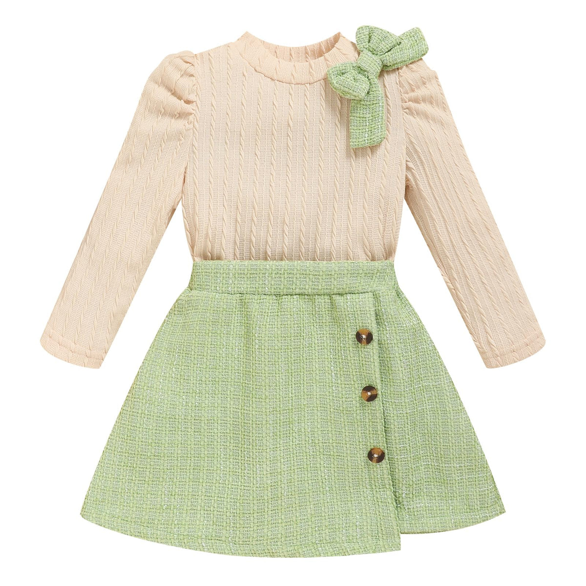 Toddler Girl Plaid Outfits Fall Winter Dress Knit Ribbed Bow Sweatshirt Tops and Button Fashion Skirts Set