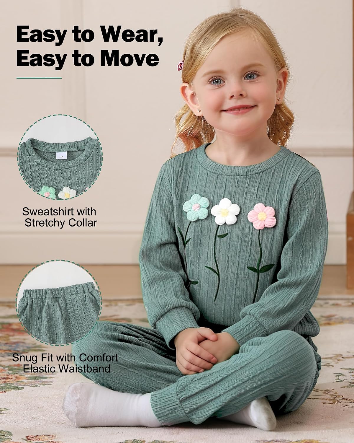 Jecson Toddler Girl Fall Clothes: Soft Outfits Set Embroidered Knit Top & Sweatpants 2Pcs Cute Home Outdoor 2-8Y