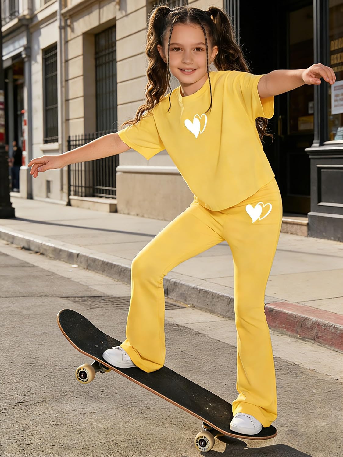 Tween Girls 2PCS Outfit Set 8-13Y Crop Top & Flare Pants with Bowknot and Heart Print Casual Girl Clothes