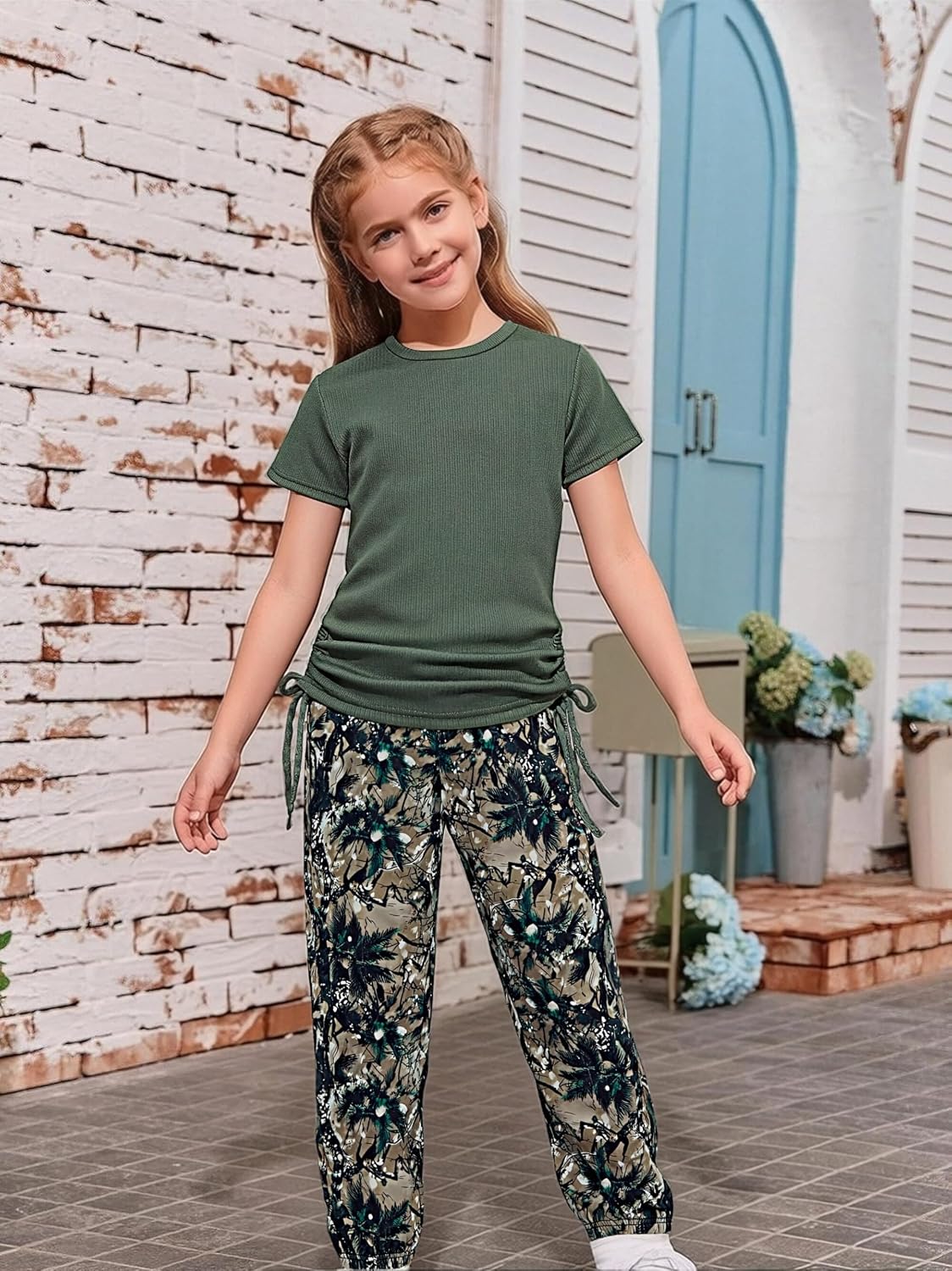 Girls Clothes Ruched Drawstring Short Sleeve Knit Top and Camo Print Pants 2 Piece Girls Outfits