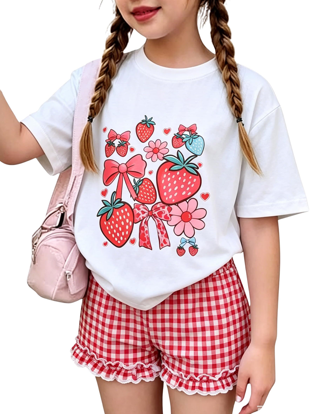 KIDLAGA Girls Shorts Sets 2 Pieces Outfits Bow/Cherry T-Shirt & Plaid Shorts Girls Summer Short Set 6-14Y