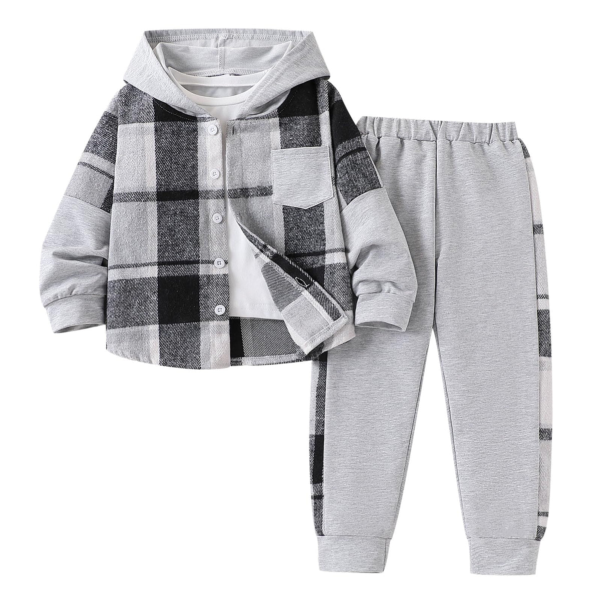 Azmxynol Boys Clothes Plaid Hooded Shirt 2pcs Outfit, Button Front Toddler Fall Winter Hoodie & Sweatpants Set, 4-8 years