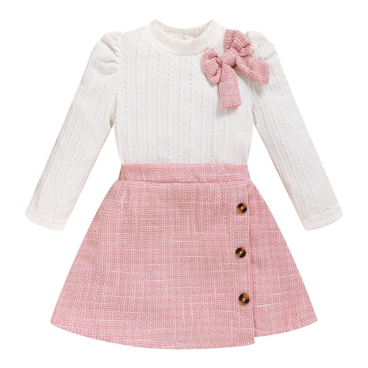 Toddler Girl Plaid Outfits Fall Winter Dress Knit Ribbed Bow Sweatshirt Tops and Button Fashion Skirts Set