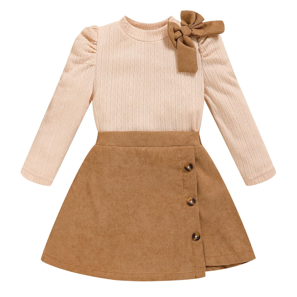 Toddler Girl Plaid Outfits Fall Winter Dress Knit Ribbed Bow Sweatshirt Tops and Button Fashion Skirts Set