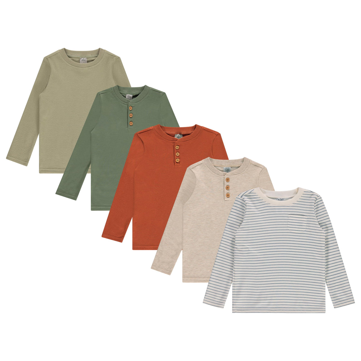 Cudlie 5-Pack Baby/Toddler Boy Long Sleeve Shirt - Basic Tshirt Tops, Light Undershirt - Solid & Striped Tees for Boys