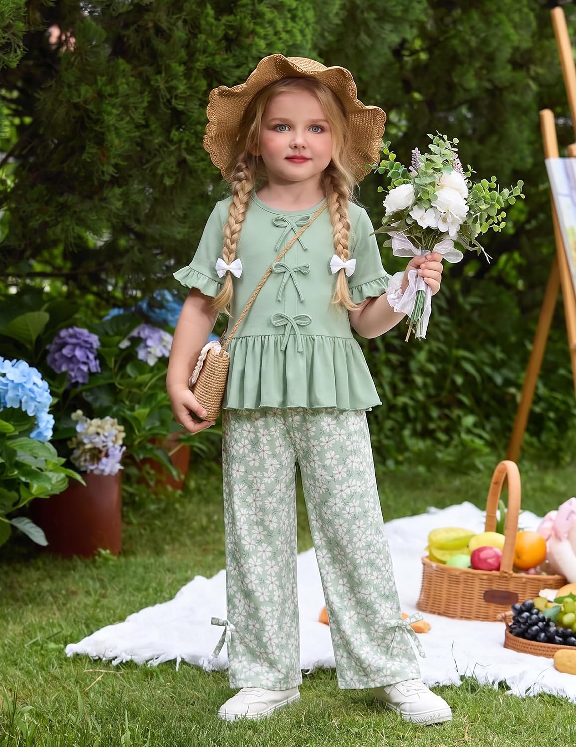 Arshiner Girls Clothes 2 Piece Outfits Butterfly Knot Top and Wide Leg Pant