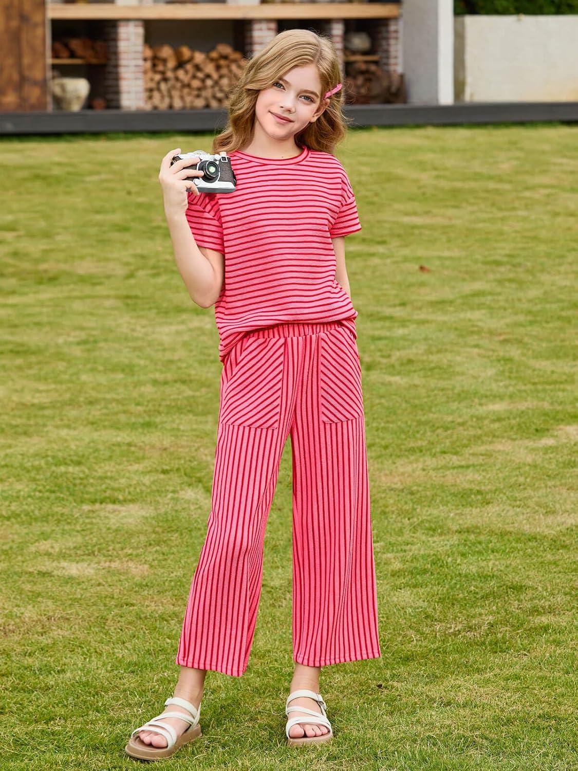 Haloumoning Girls Striped 2 Piece Outfits Short Sleeve T Shirts Wide Leg Pants Matching Lounge Set with Pockets