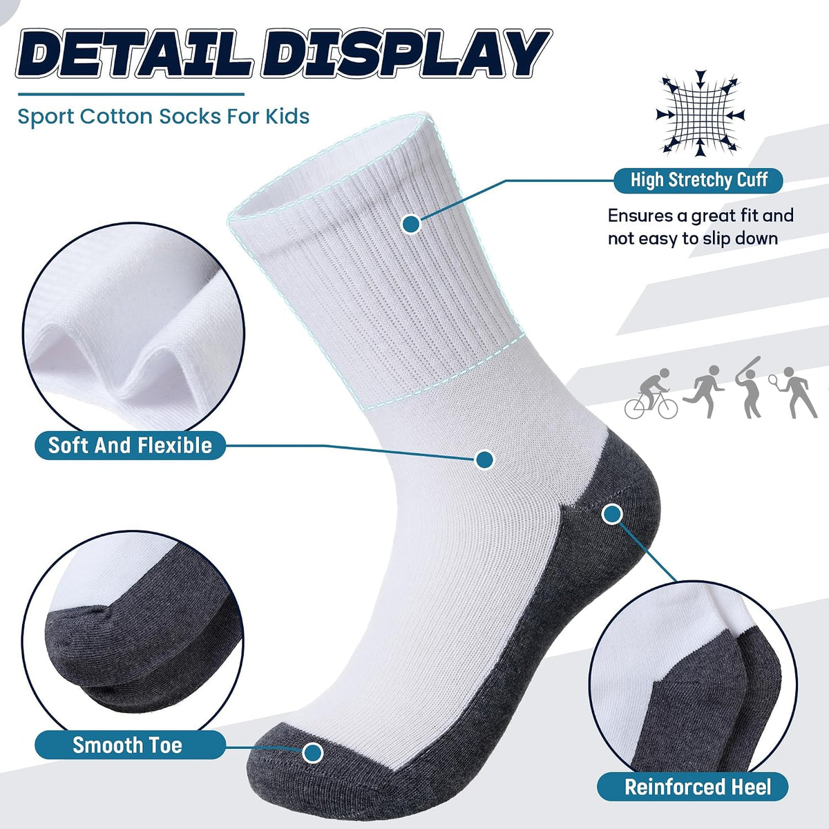 Kids Classics Crew Socks 10 Pairs Child Boy Girls Athletic Cotton Basic School Uniform Breathable Casual Sports Socks