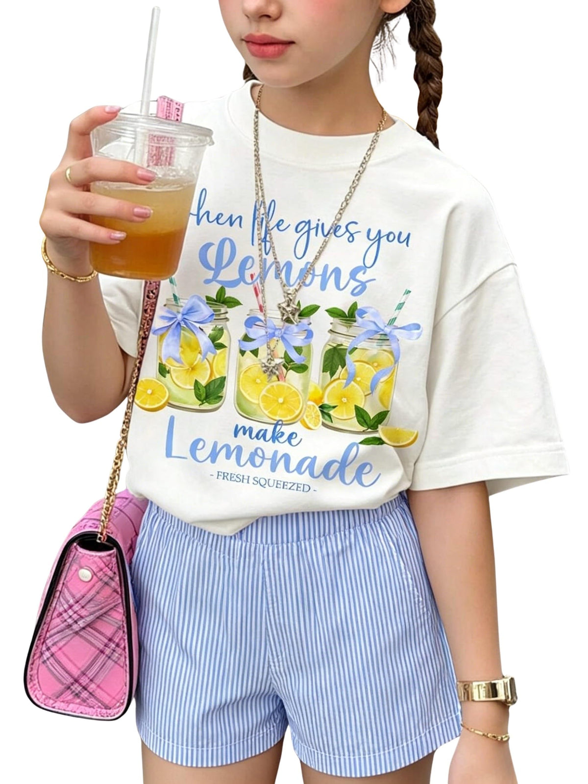 Girls Clothes Summer 2 Piece Outfits Cute Strawberry Lemon Shell Graphic Tee+ Striped Shorts Set Kids Clothing Sets