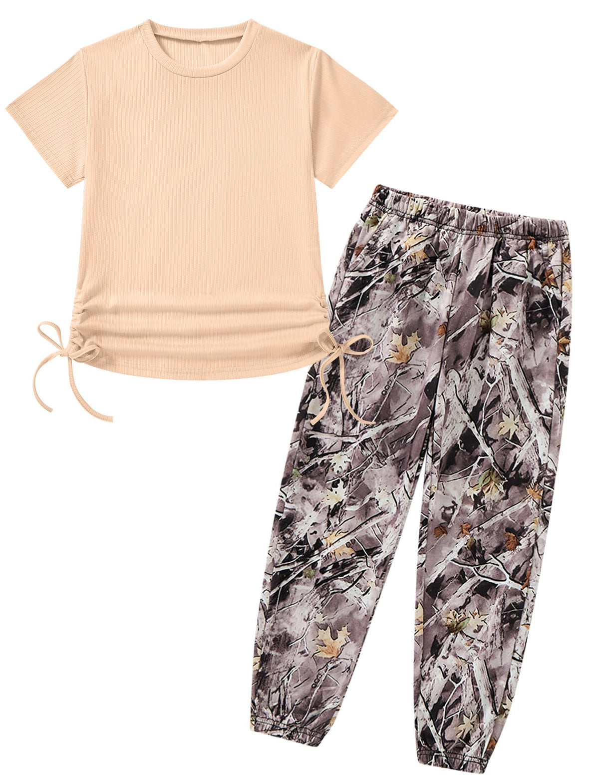 Girls Clothes Ruched Drawstring Short Sleeve Knit Top and Camo Print Pants 2 Piece Girls Outfits