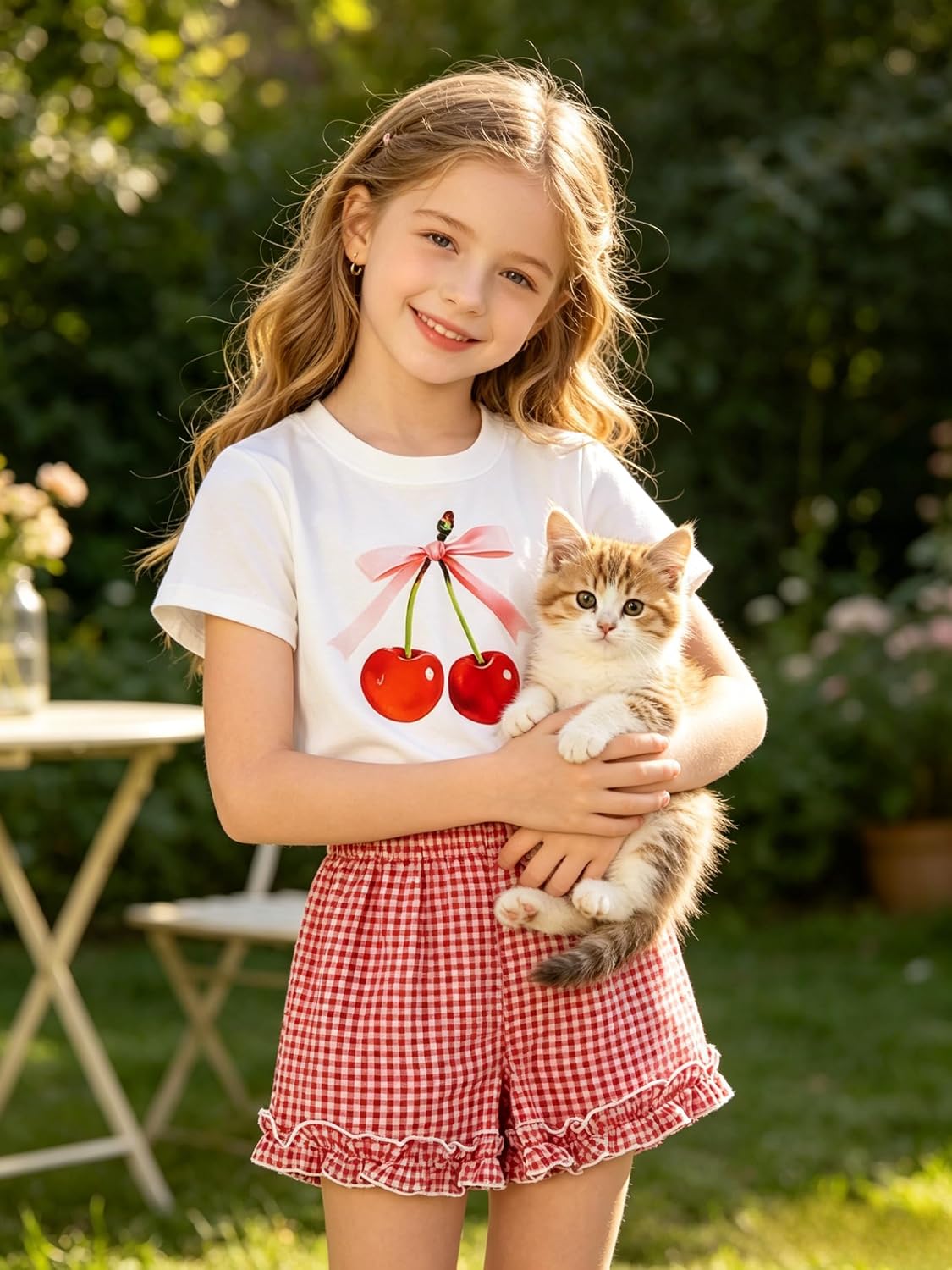KIDLAGA Girls Shorts Sets 2 Pieces Outfits Bow/Cherry T-Shirt & Plaid Shorts Girls Summer Short Set 6-14Y