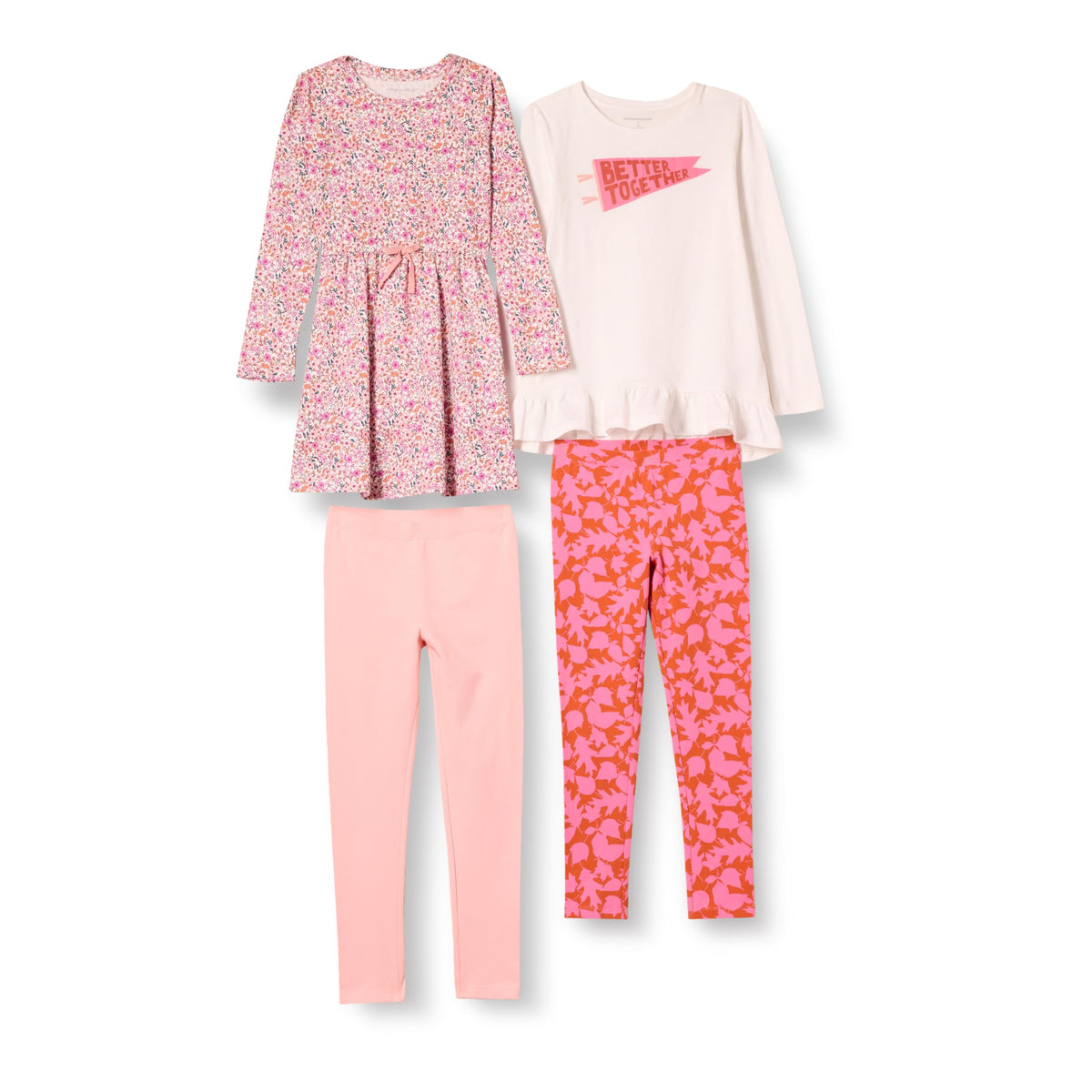 Amazon Essentials Girls and Toddlers' Long-Sleeve Ruffle Hem Outfit Sets with Bowknot Design