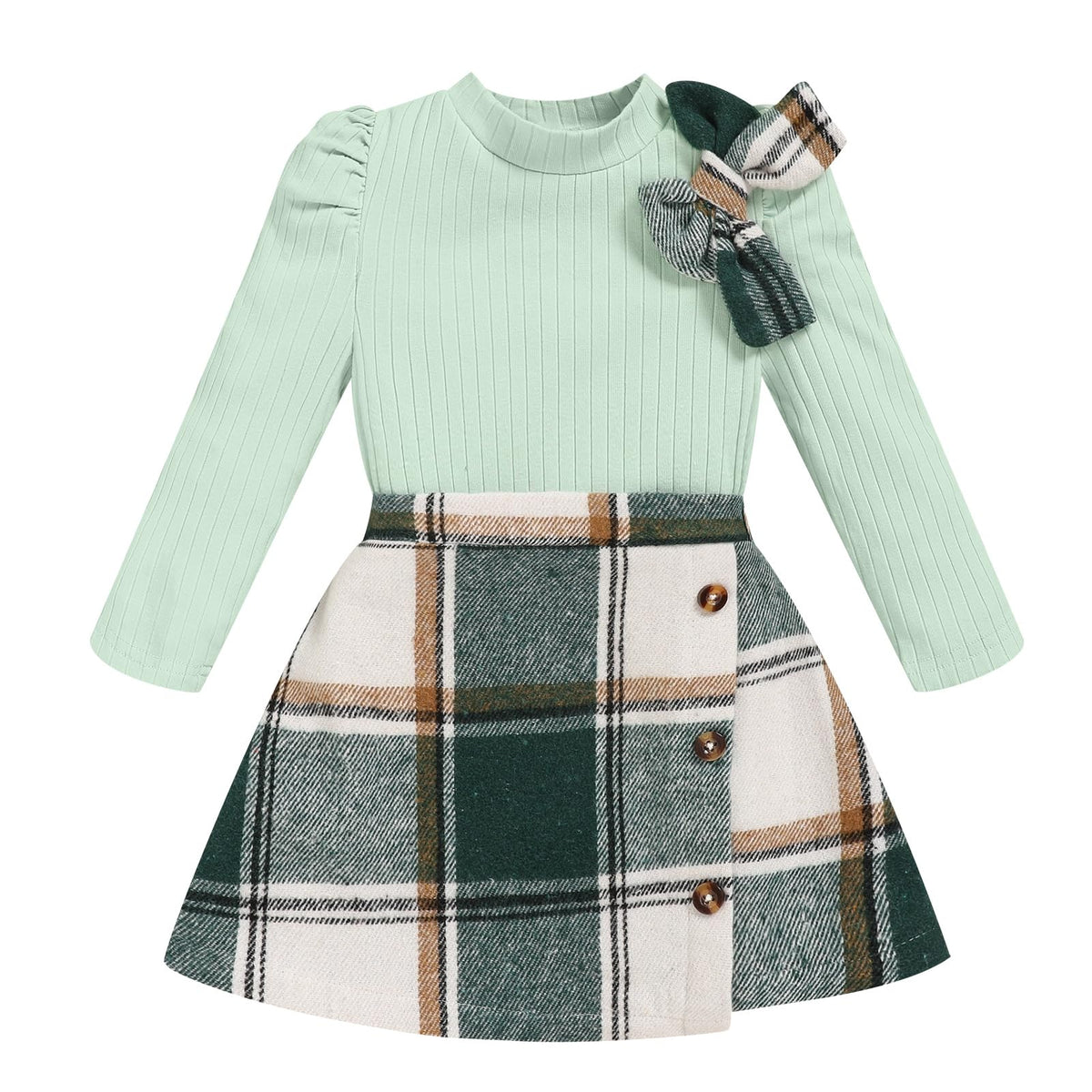Toddler Girl Plaid Outfits Fall Winter Dress Knit Ribbed Bow Sweatshirt Tops and Button Fashion Skirts Set