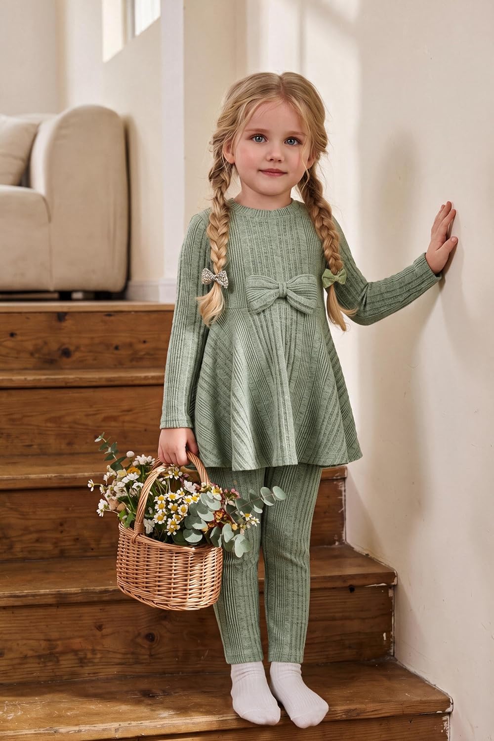 Girls 2 Piece Outfits Ribbed Knit Top and Pant Sets Kids Clothes Dailywear