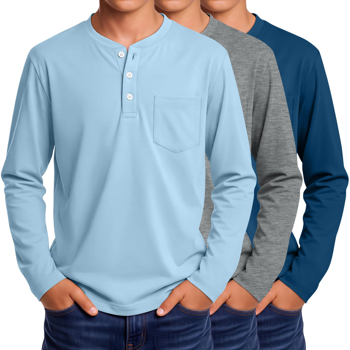 3 Pack Boys' Long Sleeve Shirts Henley Tops