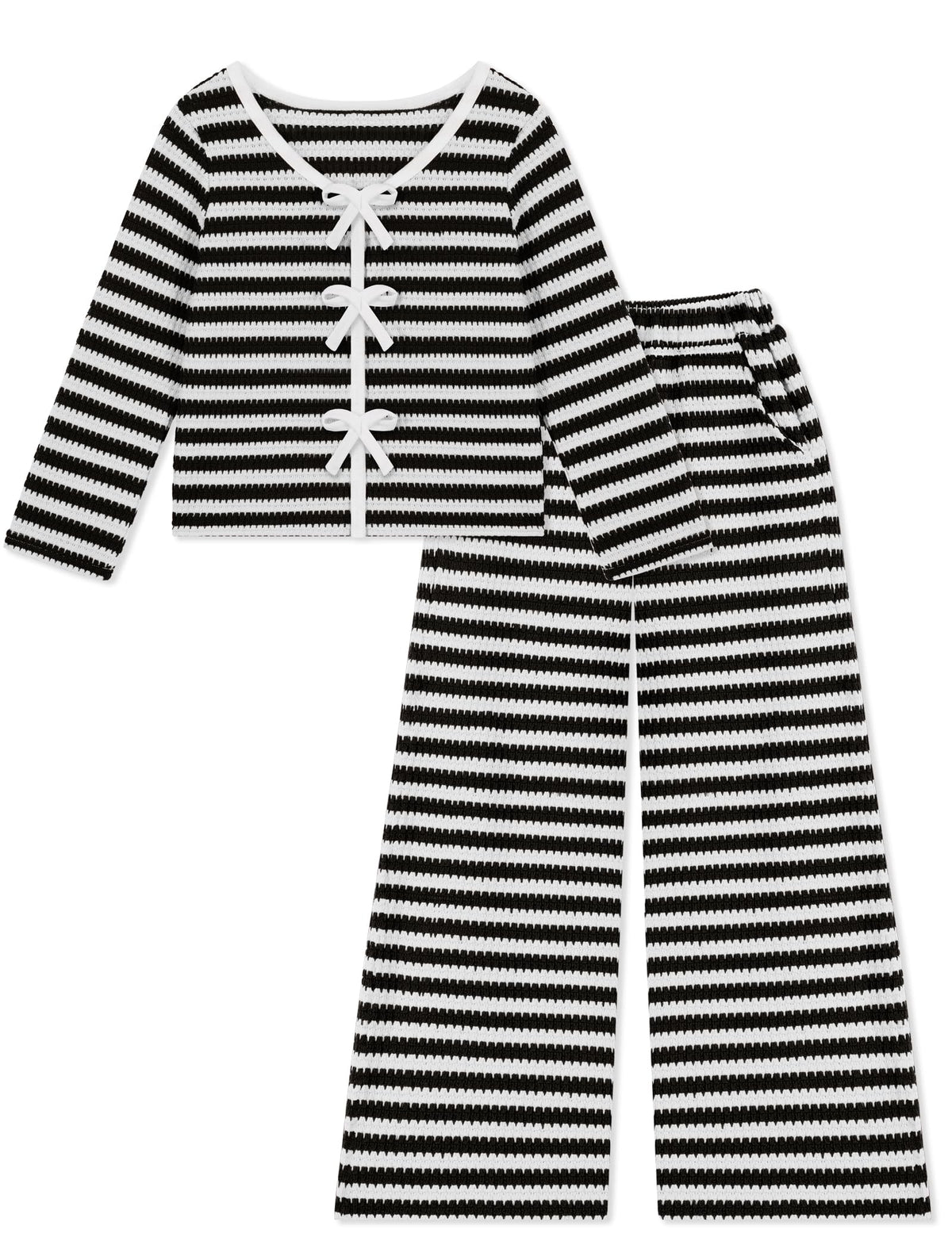 Weixinbuy Girls 2 Piece Lounge Set - Striped Knit Top and Wide Leg Pants
